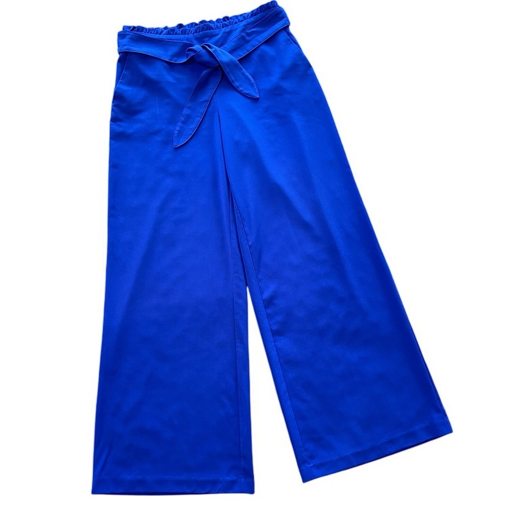 Cato Royal Blue Wide-Leg Dress Pants Sz M Tie Belt Waist Ruffle Detial Pockets